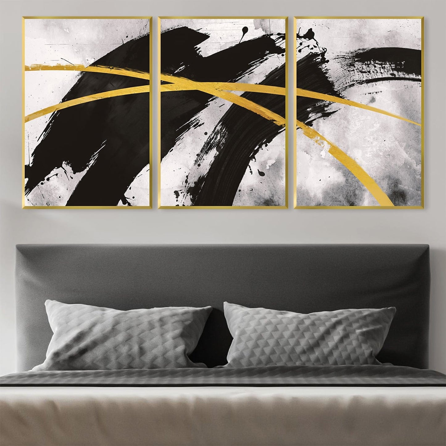 Abstract Black and Gold Triptych Oil Painting for Modern Home Decor