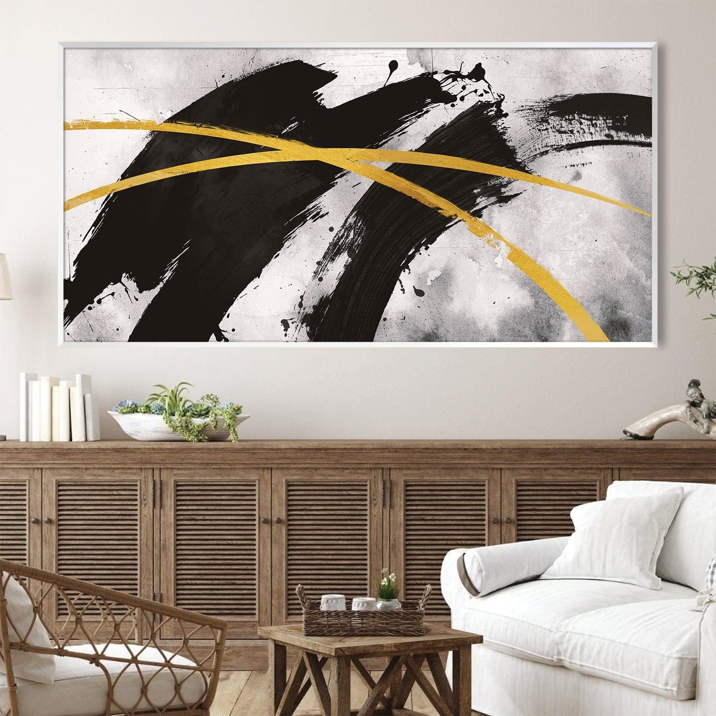 Abstract Black and Gold Oil Painting - Modern Wall Art for Elegant Home Décor