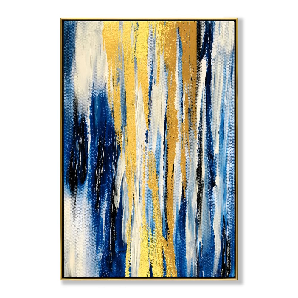 Abstract Blue and Gold Oil Painting for Modern Home Decor