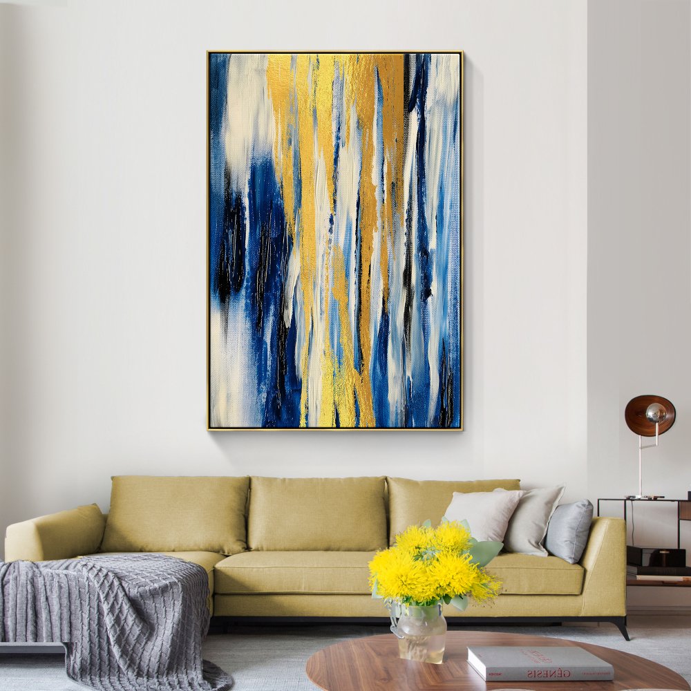 Abstract Blue and Gold Oil Painting for Modern Home Decor