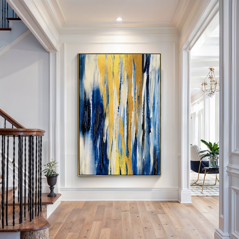 Abstract Blue and Gold Oil Painting for Modern Home Decor