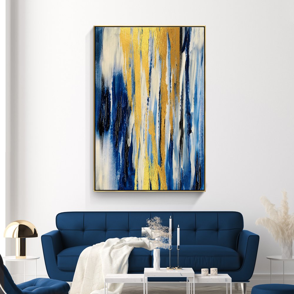 Abstract Blue and Gold Oil Painting for Modern Home Decor