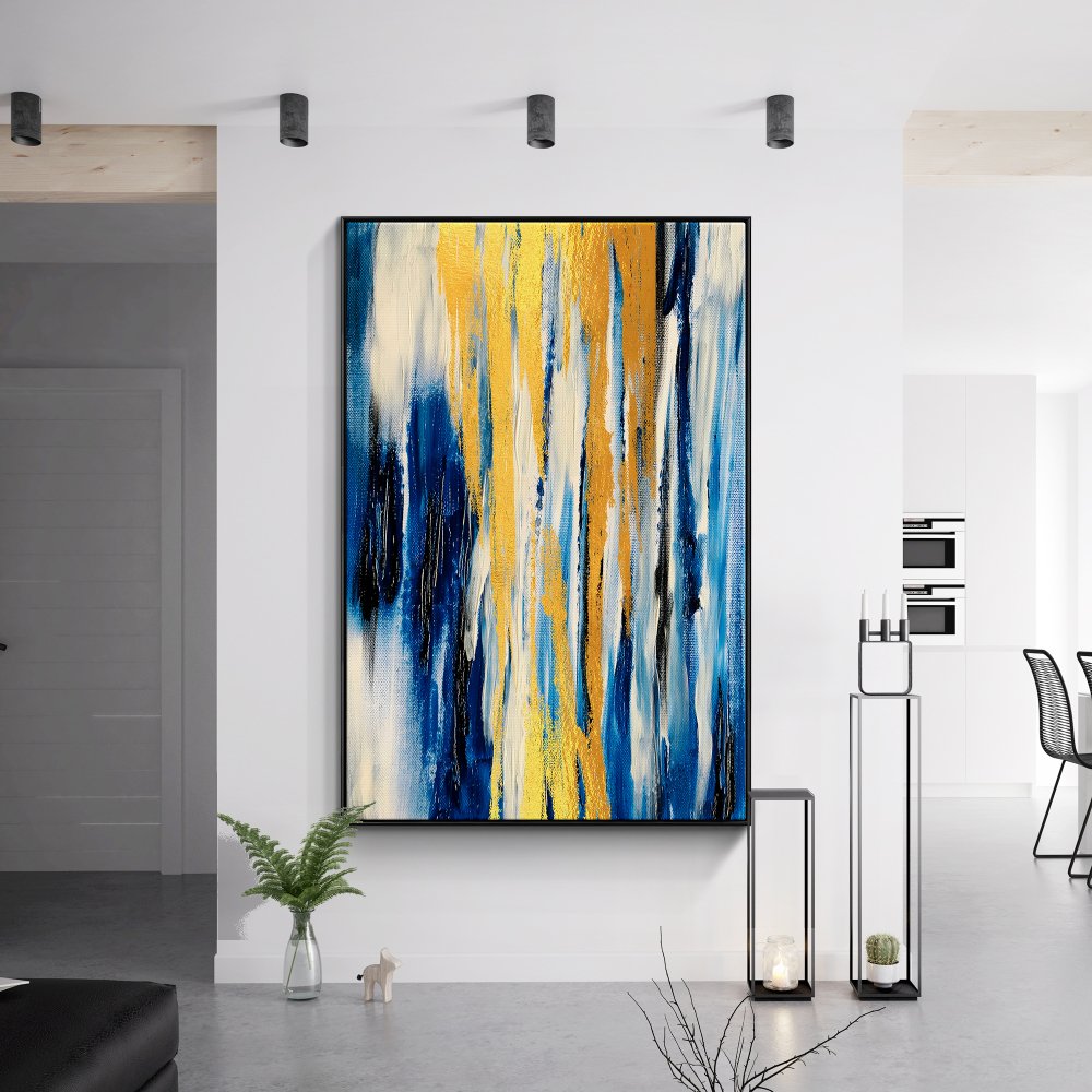 Abstract Blue and Gold Oil Painting for Modern Home Decor