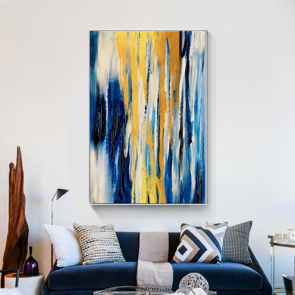 Abstract Blue and Gold Oil Painting for Modern Home Decor