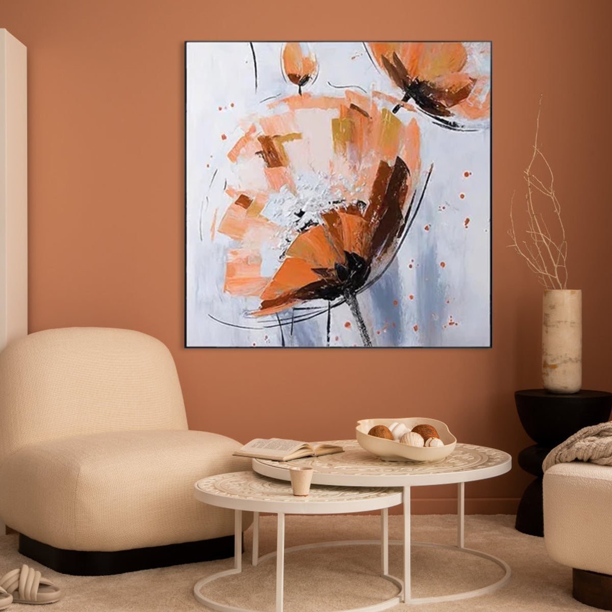 Elegant Orange Floral Oil Painting for Modern Home Decor