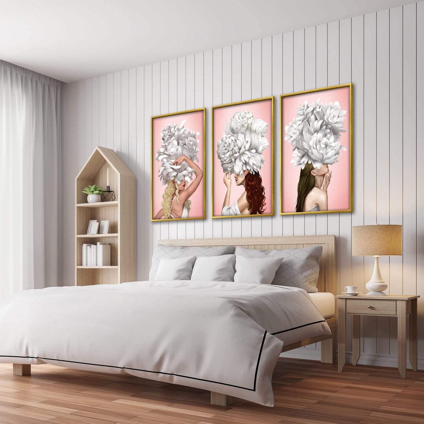 Elegant Floral Portrait of Women in Blooming White Peonies Canvas Art