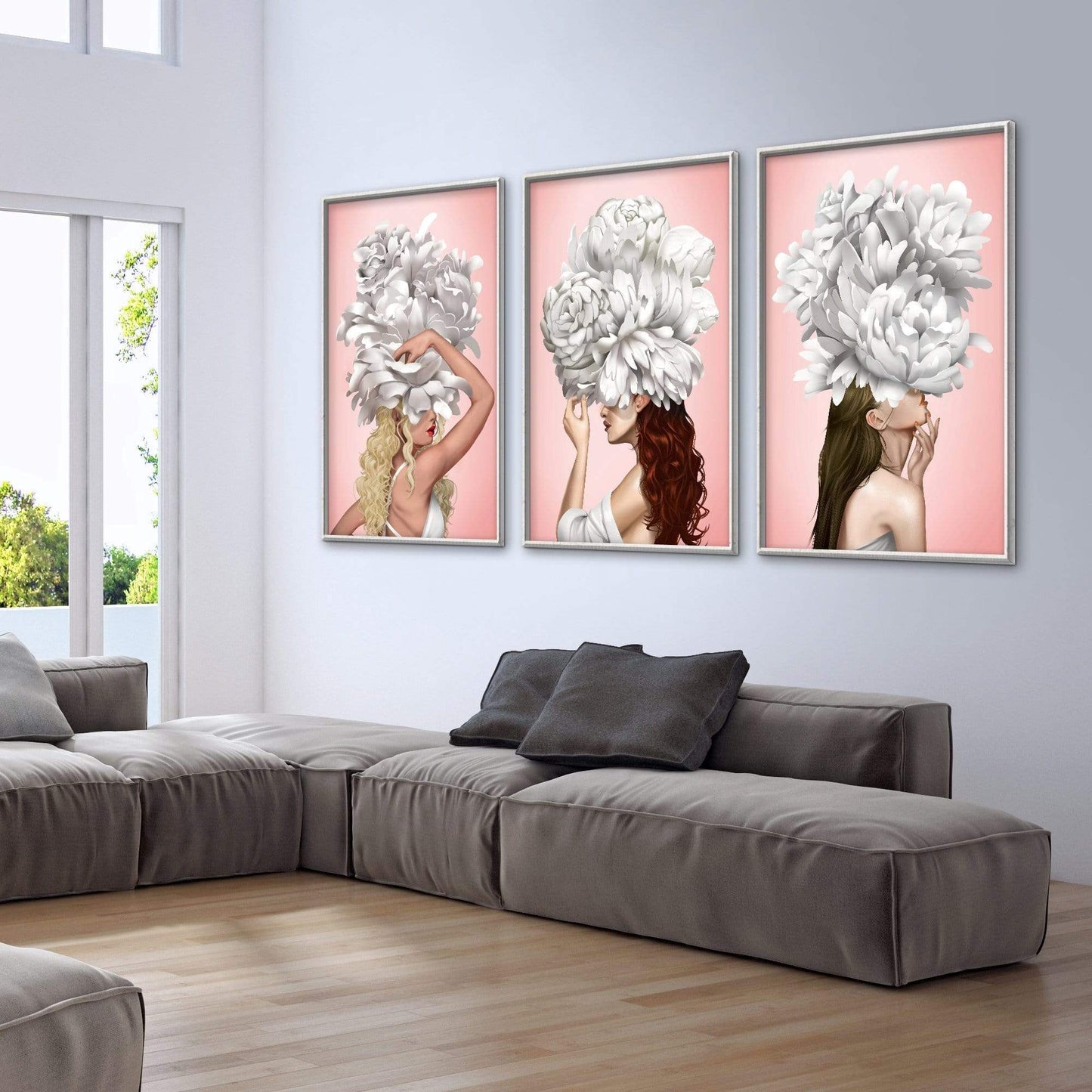 Elegant Floral Portrait of Women in Blooming White Peonies Canvas Art