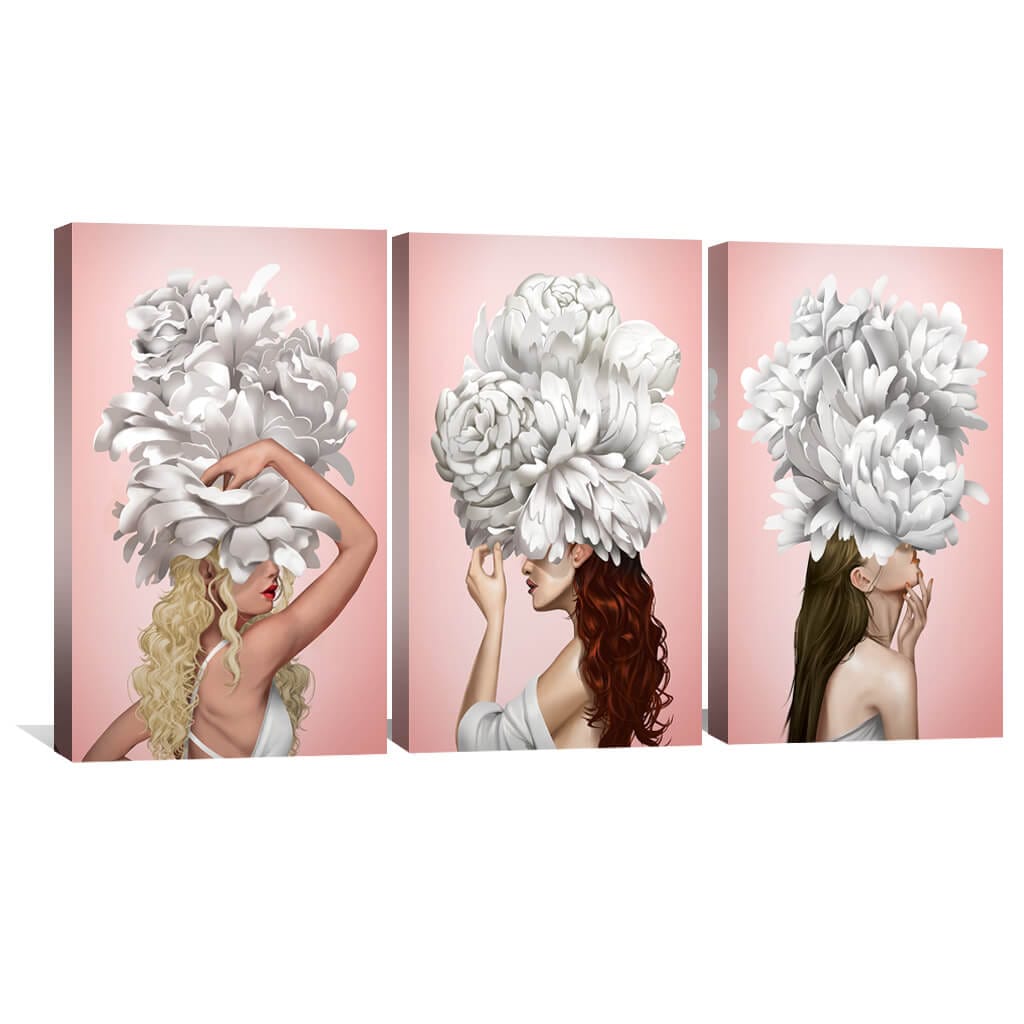 Elegant Floral Portrait of Women in Blooming White Peonies Canvas Art
