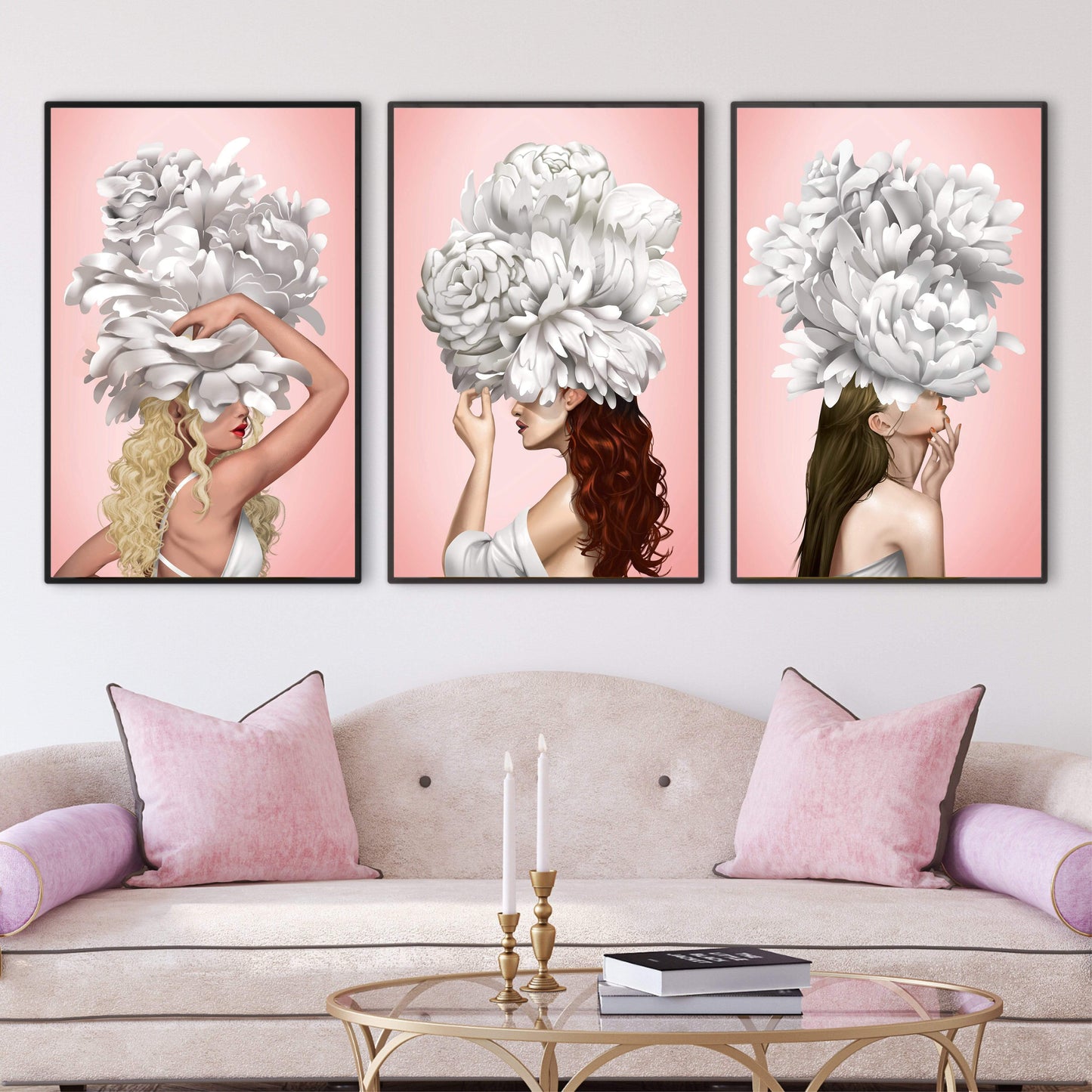 Elegant Floral Portrait of Women in Blooming White Peonies Canvas Art