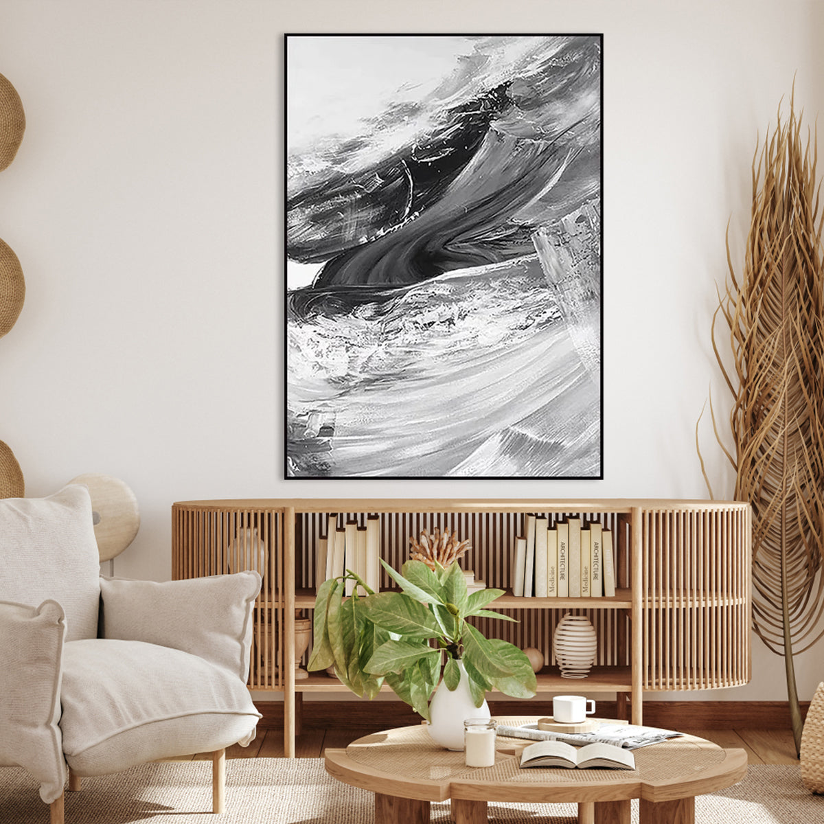 Contemporary Black and White Abstract Oil Painting for Modern Home Décor