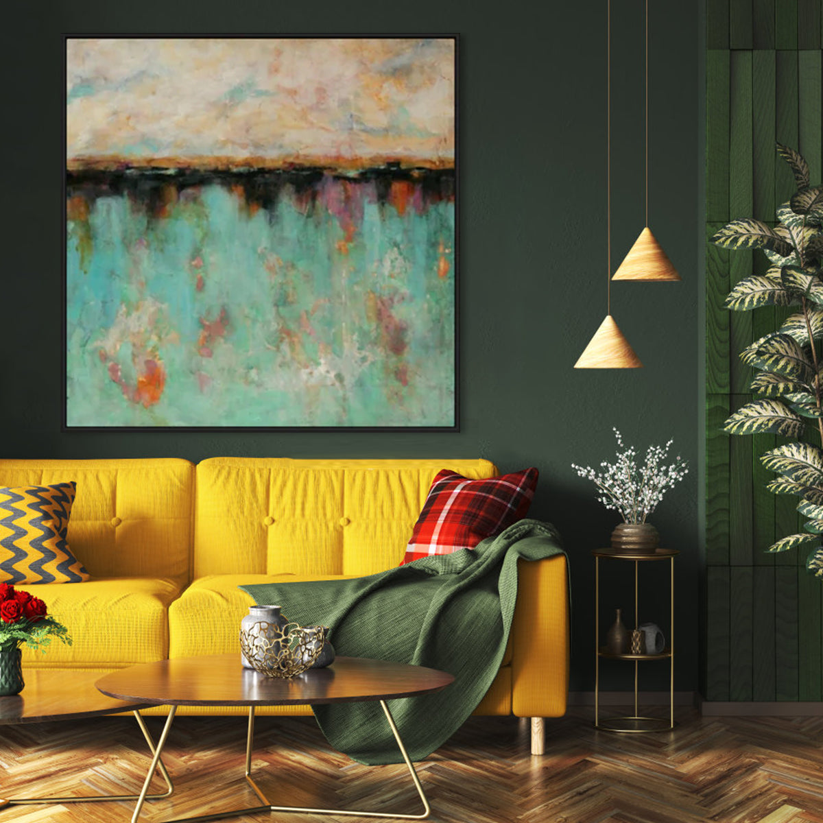 Serene Green Landscape Oil Painting for Tranquil Home Decor