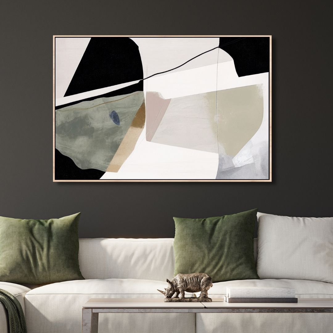 Abstract Oil Painting with Green, Beige, and Black Geometric Brushstrokes