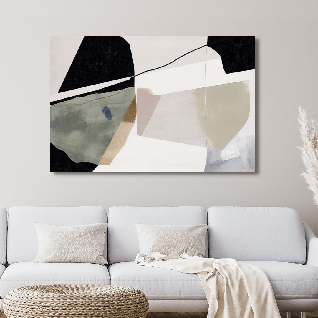 Abstract Oil Painting with Green, Beige, and Black Geometric Brushstrokes