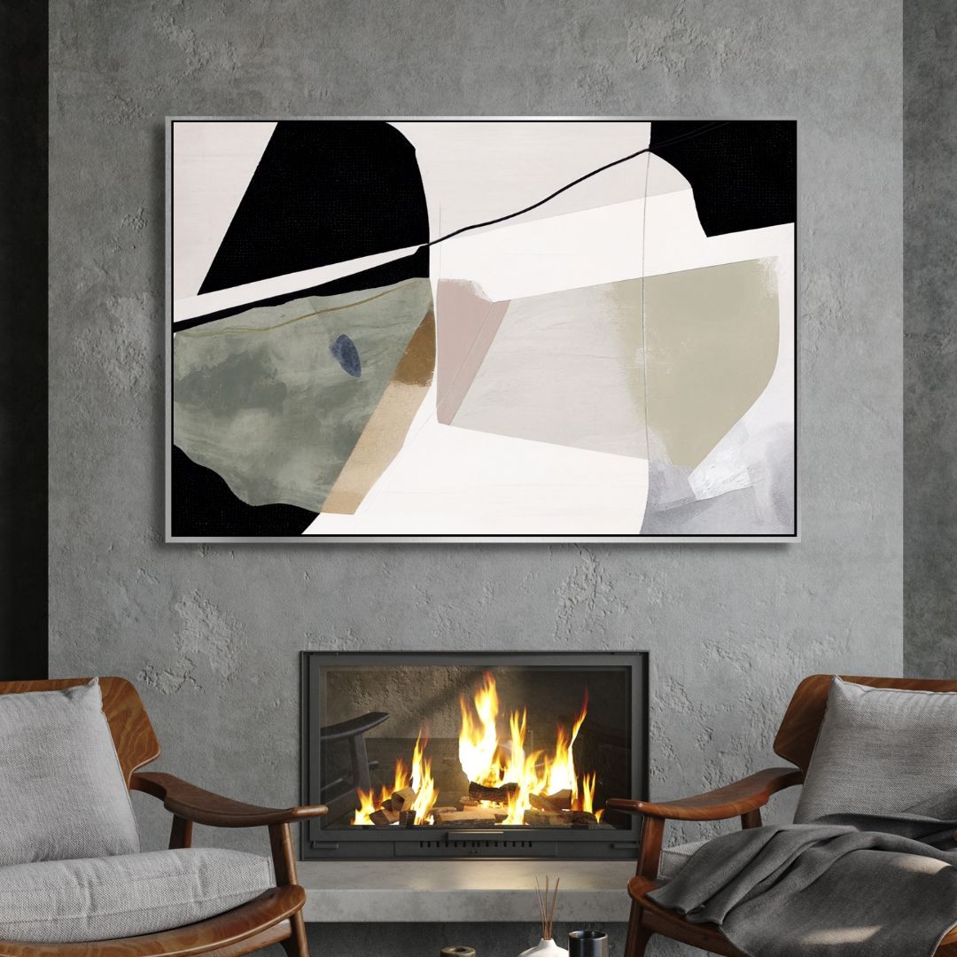 Abstract Oil Painting with Green, Beige, and Black Geometric Brushstrokes