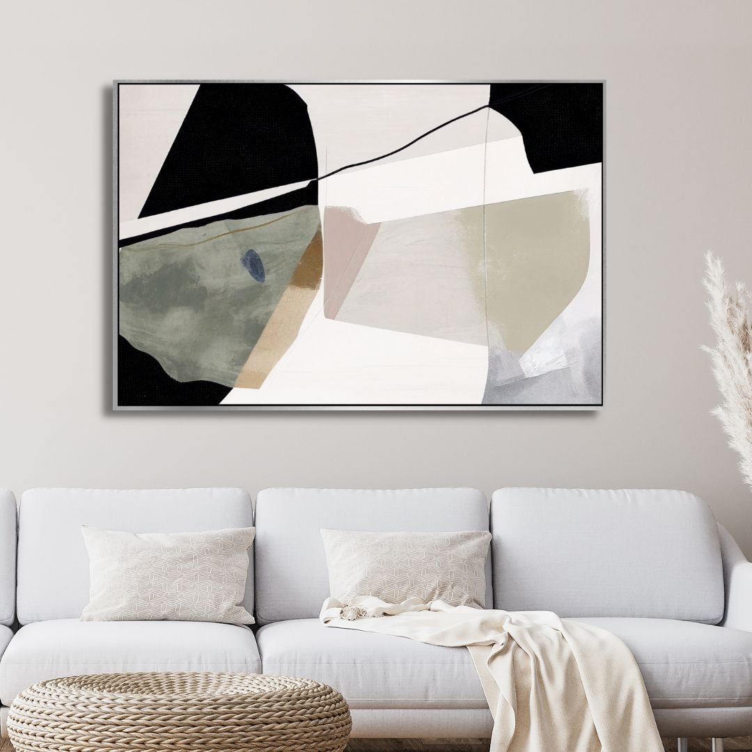 Abstract Oil Painting with Green, Beige, and Black Geometric Brushstrokes