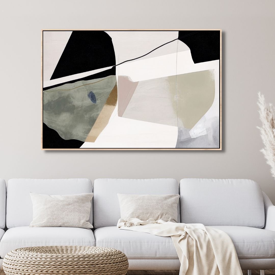 Abstract Oil Painting with Green, Beige, and Black Geometric Brushstrokes