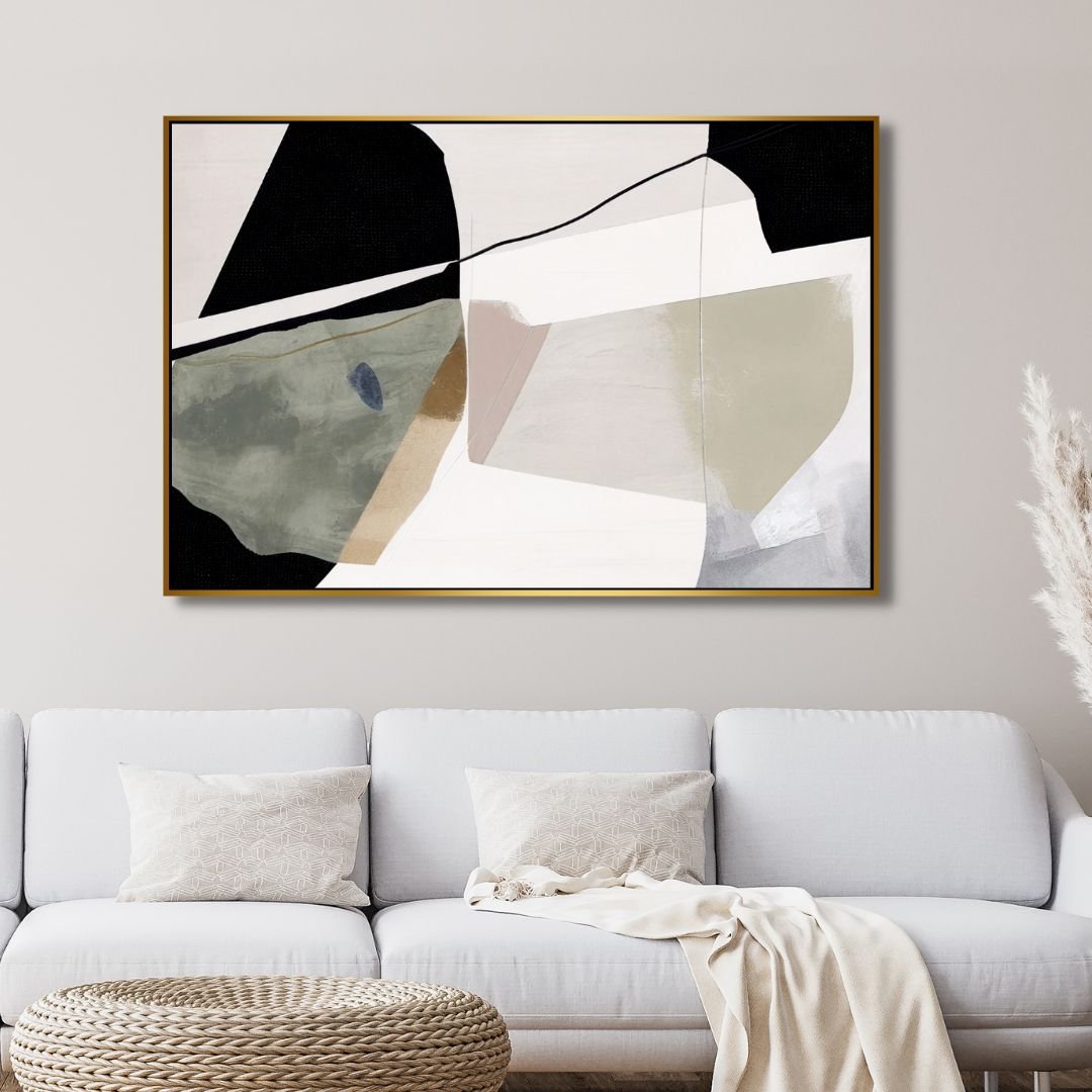 Abstract Oil Painting with Green, Beige, and Black Geometric Brushstrokes