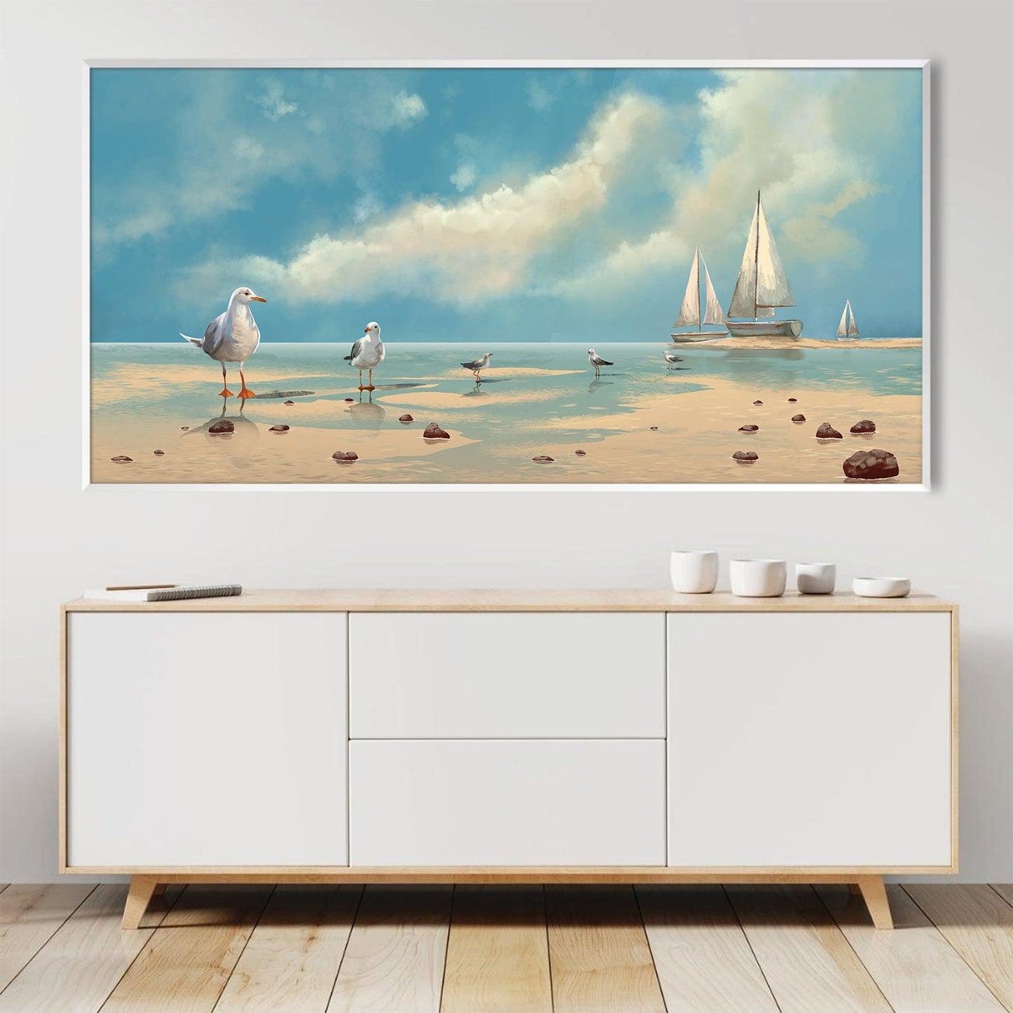 Seagulls by the Beach: Tranquil Coastal Oil Painting Art