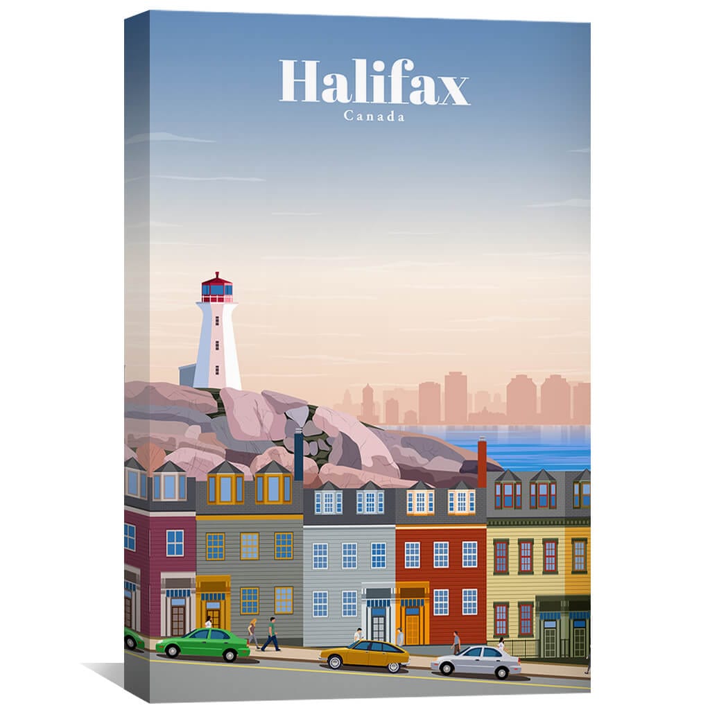 Charming Halifax Waterfront Oil Painting - Coastal Lighthouse & Colorful Houses