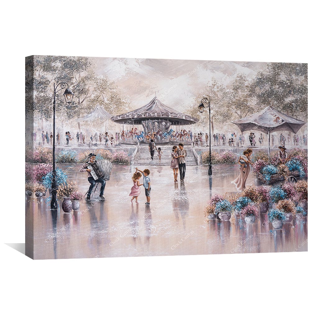 Enchanting Park Scene Oil Painting with Joyful Couples and Colorful Flowers
