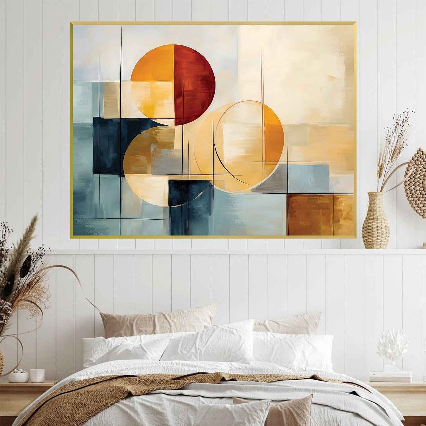 Abstract Geometric Oil Painting in Warm Tones for Modern Home Decor