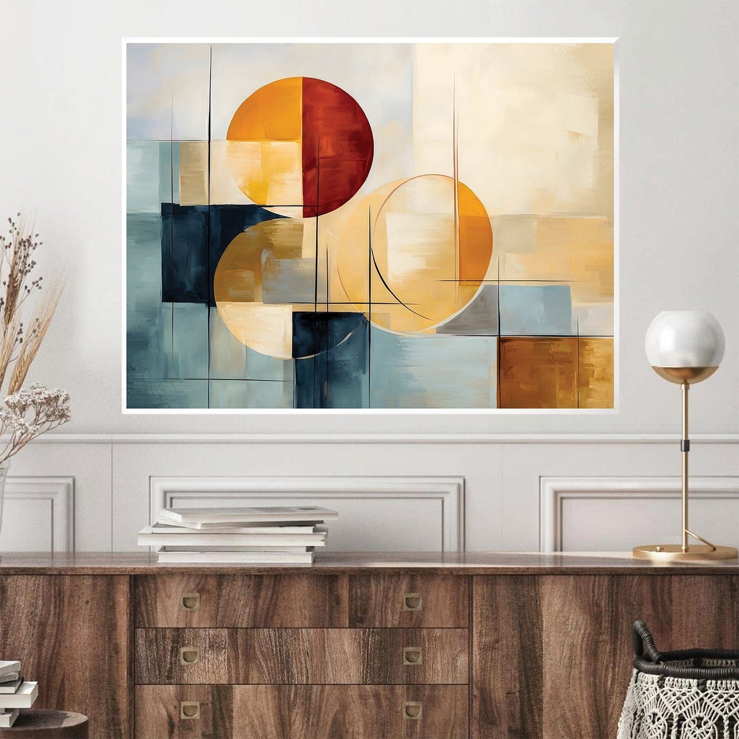 Abstract Geometric Oil Painting in Warm Tones for Modern Home Decor