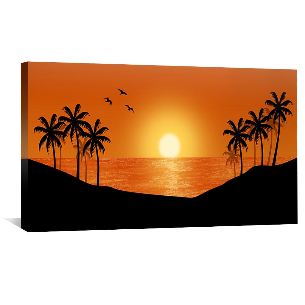 Tropical Hawaiian Sunset Oil Painting with Palm Trees and Serene Ocean View