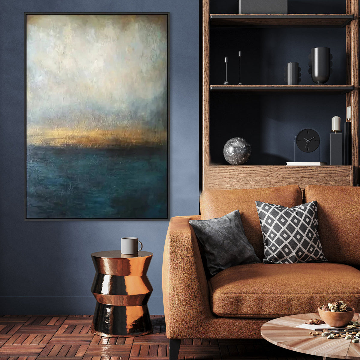 Serene Seascape Oil Painting with Ethereal Light and Calm Ocean Blues