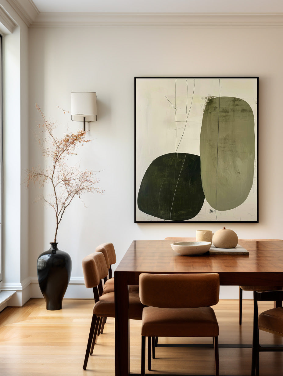 Contemporary Minimalist Oil Painting with Abstract Shapes and Earthy Tones