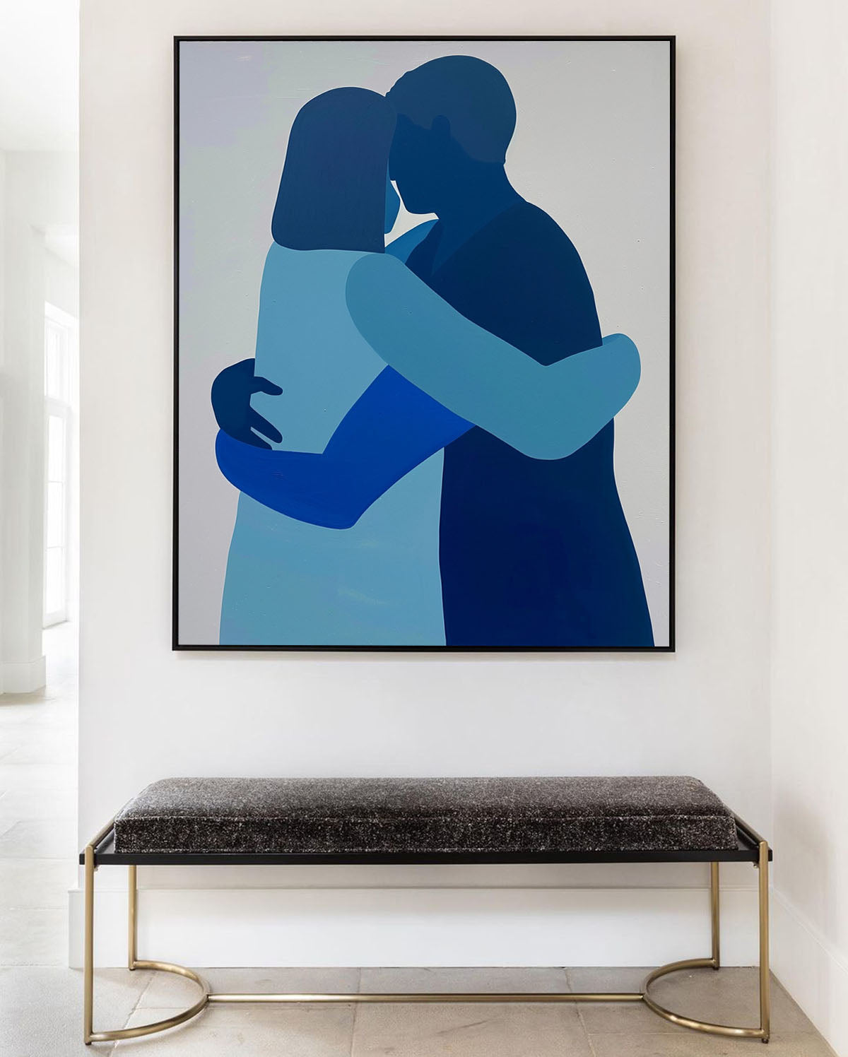 Contemporary Blue Abstract Couple Embrace Oil Painting