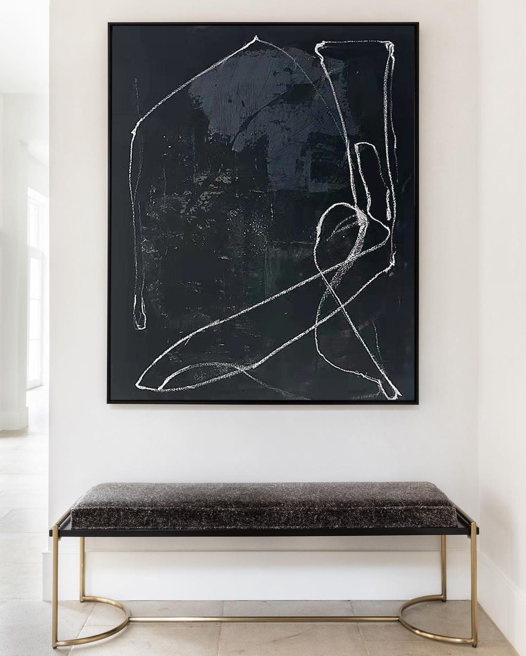Chic Black Abstract Oil Painting with Elegant White Lines for Modern Decor