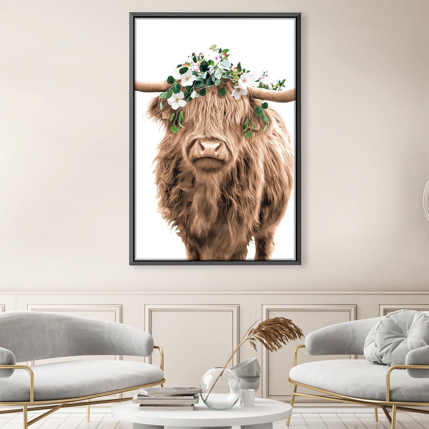 Floral Highland Cow Portrait Oil Painting for Rustic Home Decor