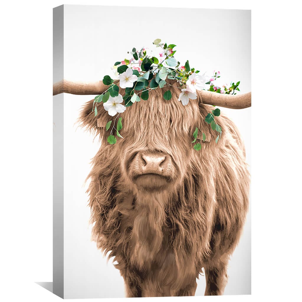 Floral Highland Cow Portrait Oil Painting for Rustic Home Decor