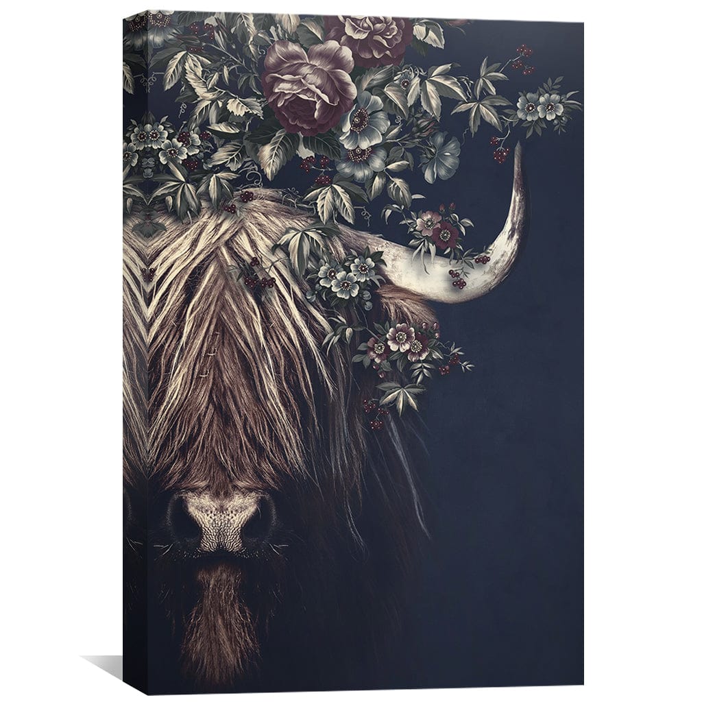 Floral Highland Cow – Elegant Oil Painting for Home Decor