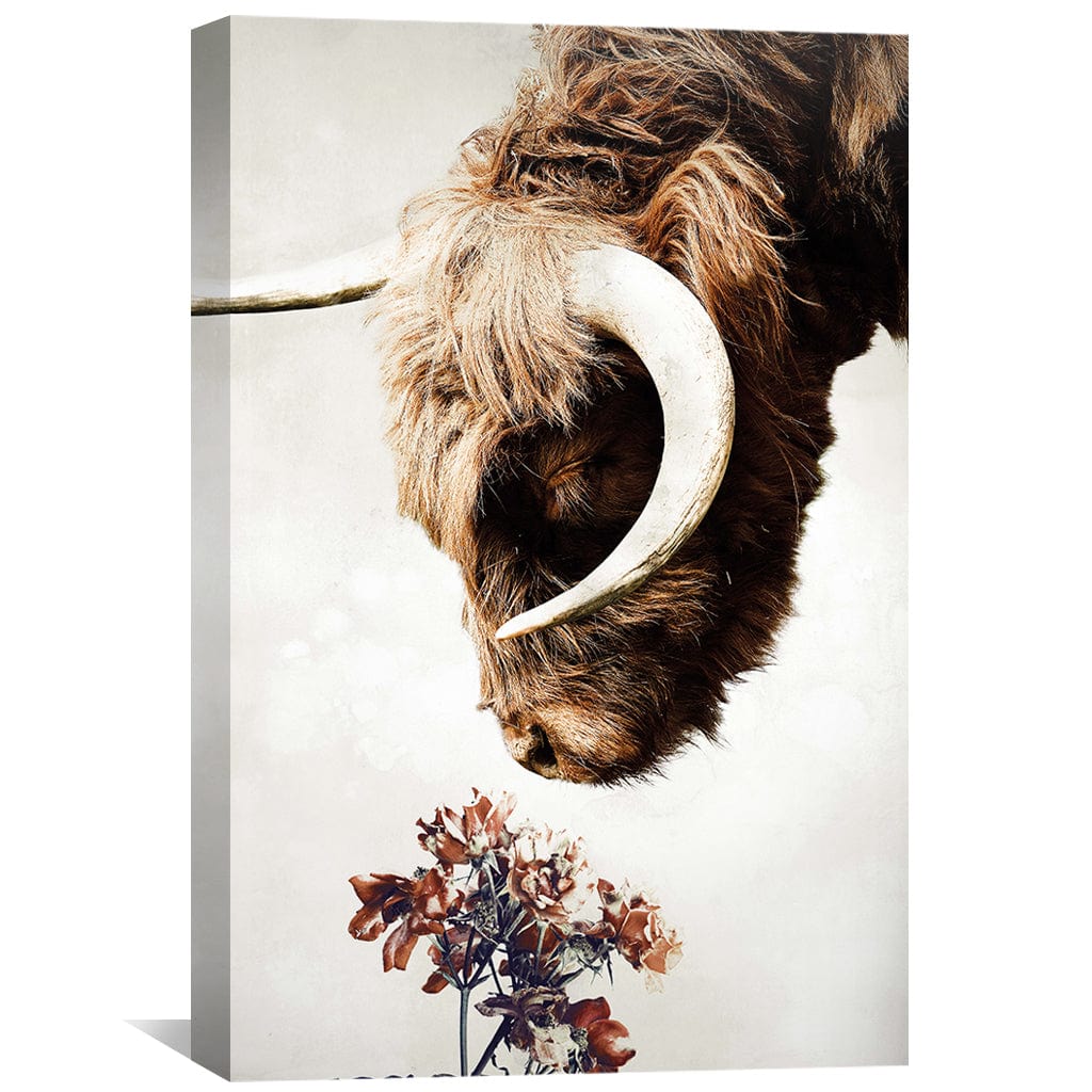 Beautiful Highland Cow with Flowers - Unique Oil Painting for Rustic Decor