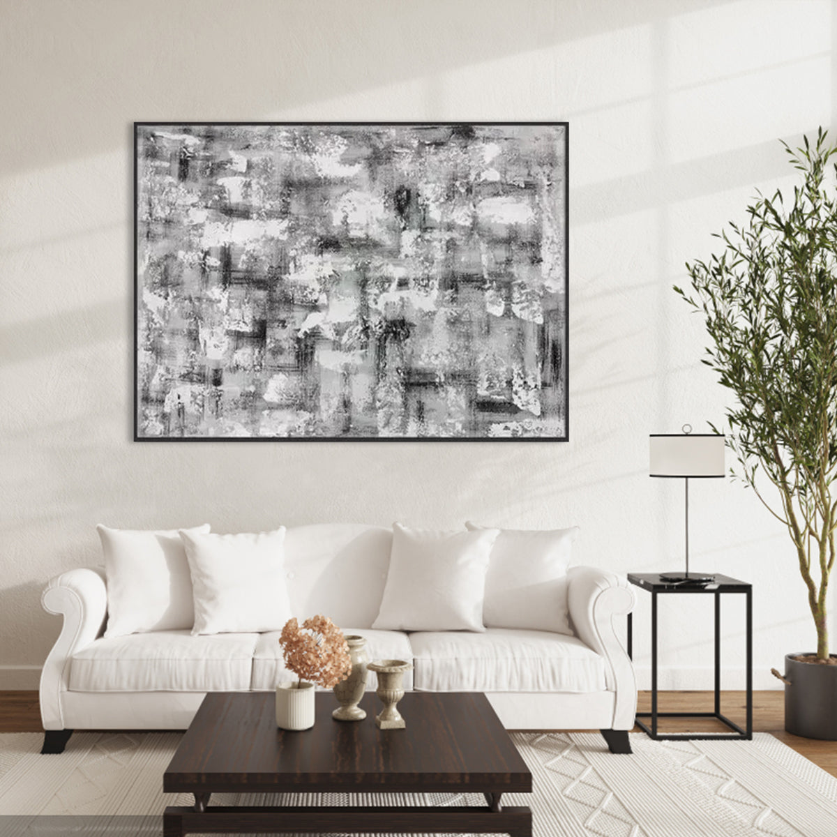 Modern Abstract Oil Painting in Black and White for Contemporary Home Decor