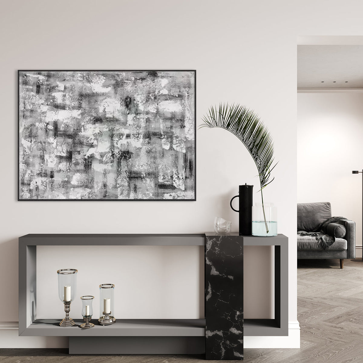 Modern Abstract Oil Painting in Black and White for Contemporary Home Decor