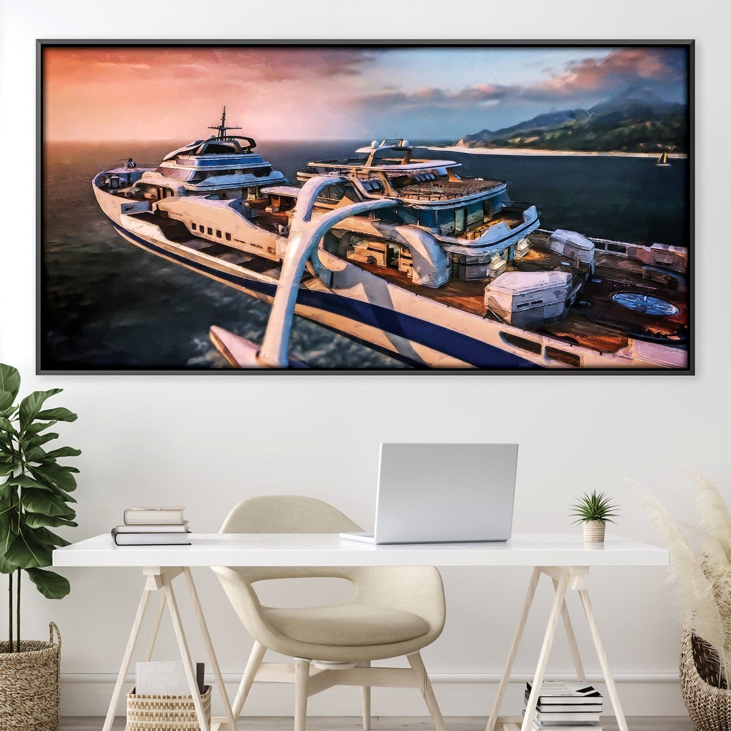 Serene Yacht Escape: Captivating Ocean View Oil Painting