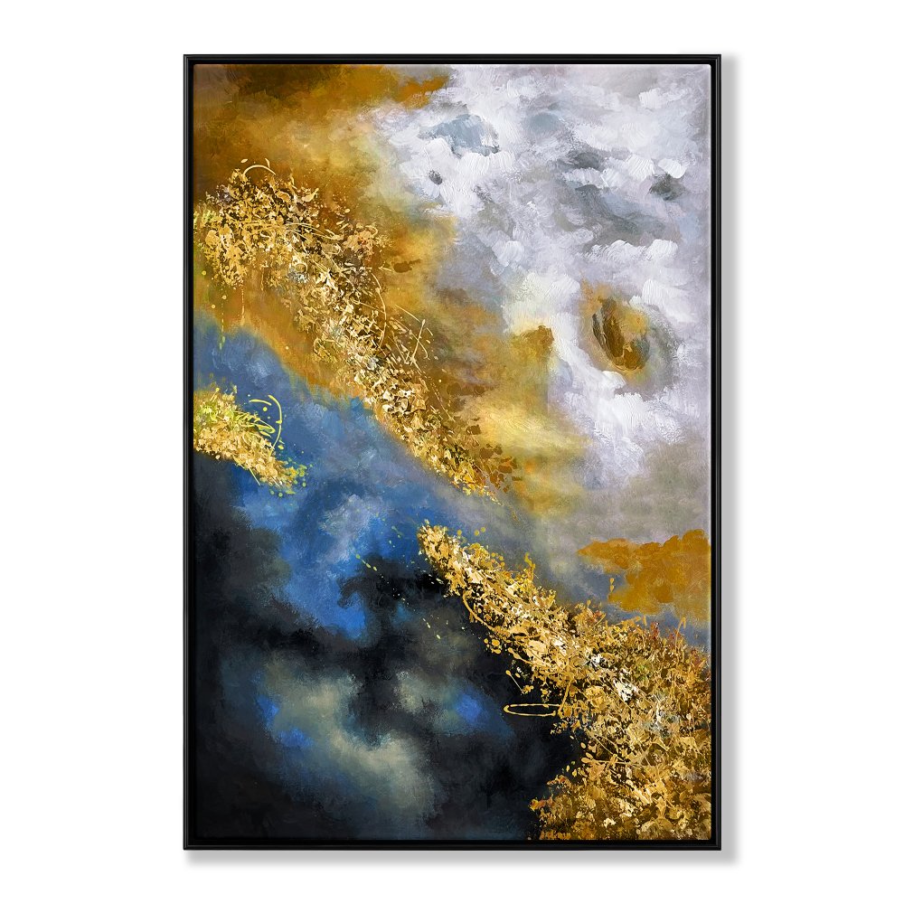 Celestial Harmony: Abstract Oil Painting in Gold and Blue Tones for Modern Decor