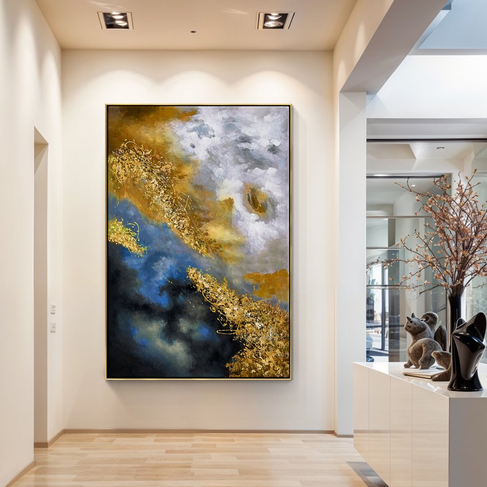 Celestial Harmony: Abstract Oil Painting in Gold and Blue Tones for Modern Decor