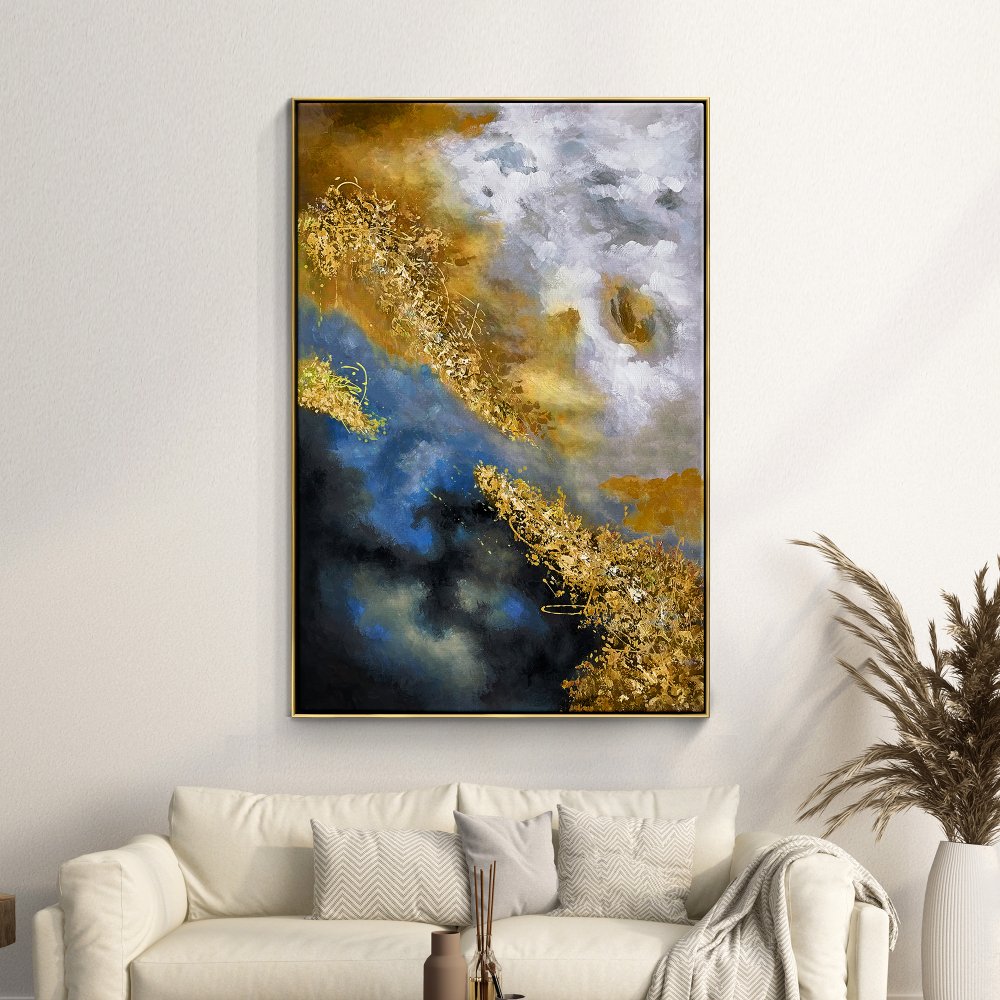 Celestial Harmony: Abstract Oil Painting in Gold and Blue Tones for Modern Decor