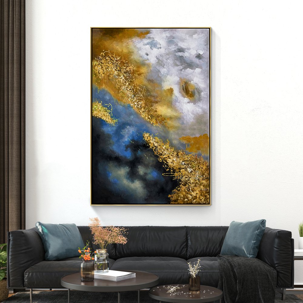 Celestial Harmony: Abstract Oil Painting in Gold and Blue Tones for Modern Decor
