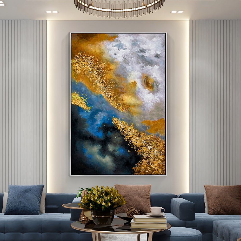 Celestial Harmony: Abstract Oil Painting in Gold and Blue Tones for Modern Decor