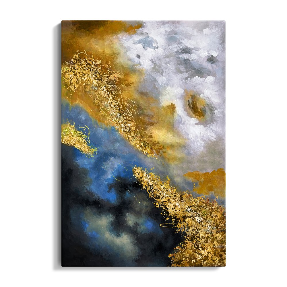 Celestial Harmony: Abstract Oil Painting in Gold and Blue Tones for Modern Decor