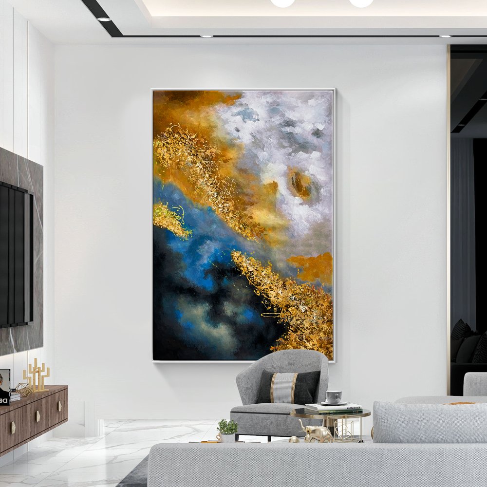 Celestial Harmony: Abstract Oil Painting in Gold and Blue Tones for Modern Decor