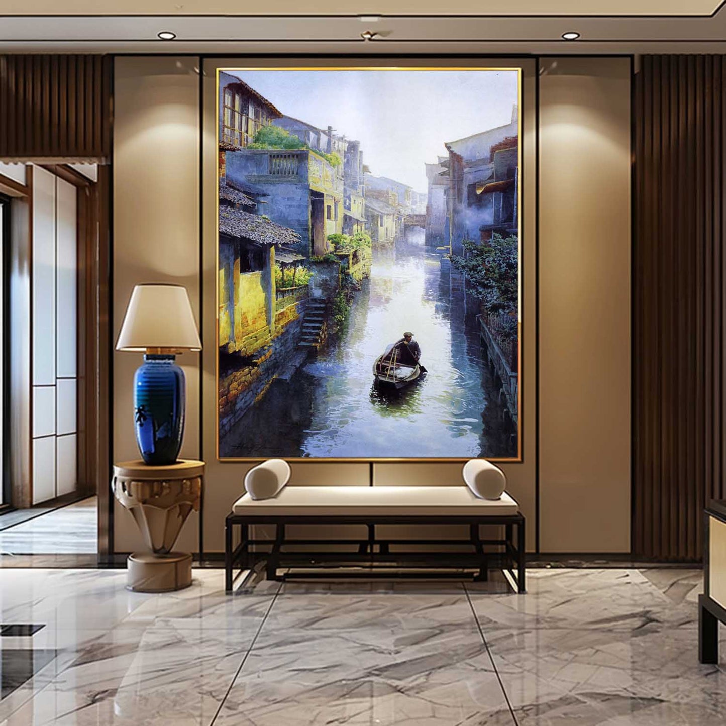 Tranquil Waterway: Stunning Hyperrealistic Oil Painting of a Serene Canal Scene