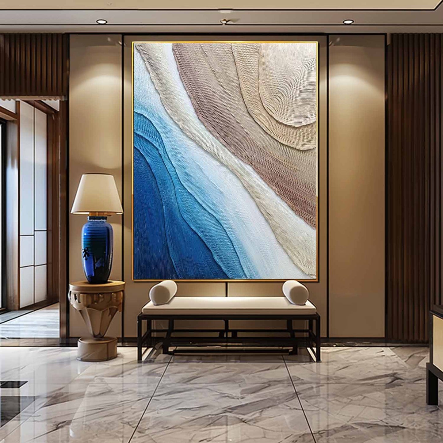Abstract Ocean Waves Oil Painting with Textured Layers in Blues and Neutrals