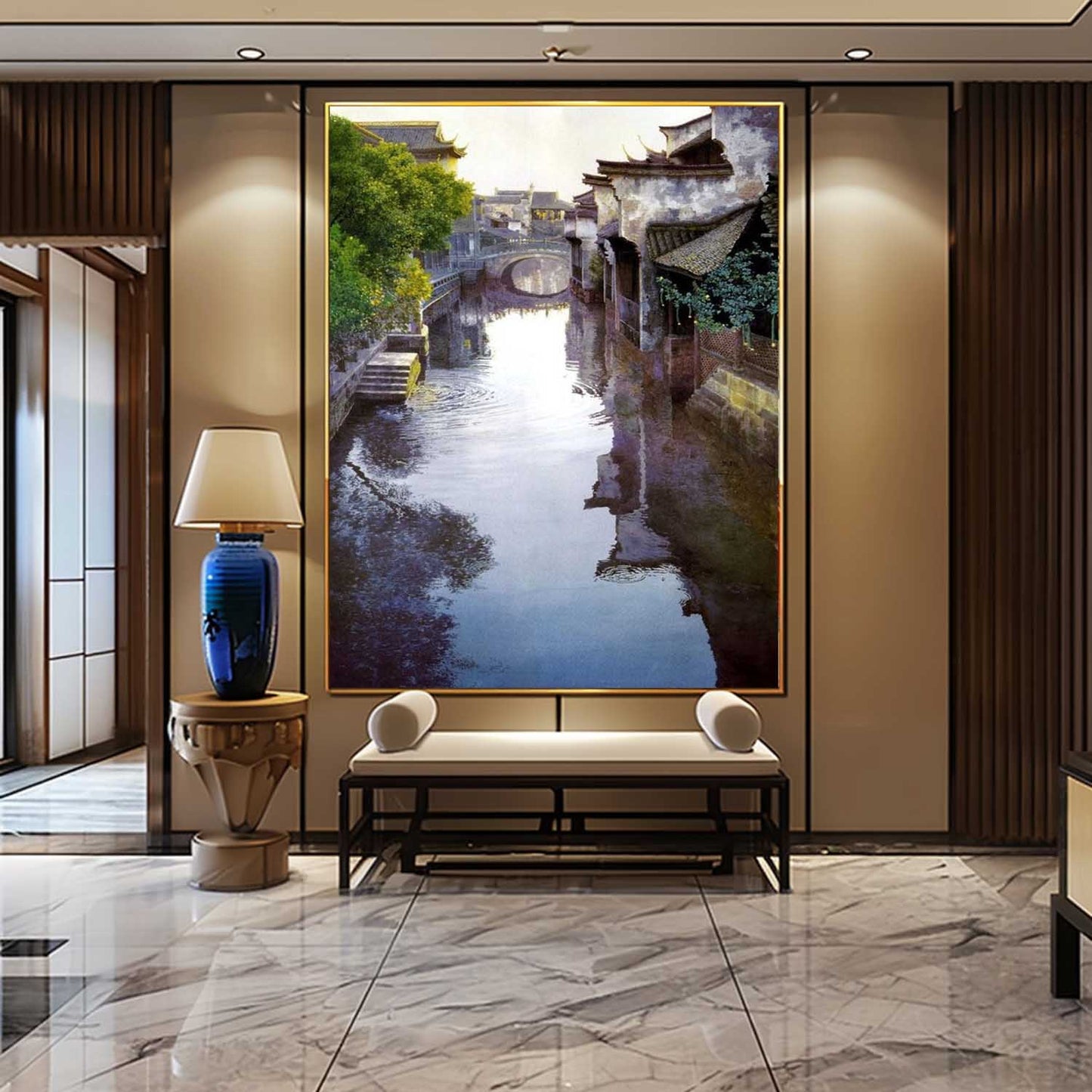 Tranquil Waterway Landscape Oil Painting in Hyperrealism Style