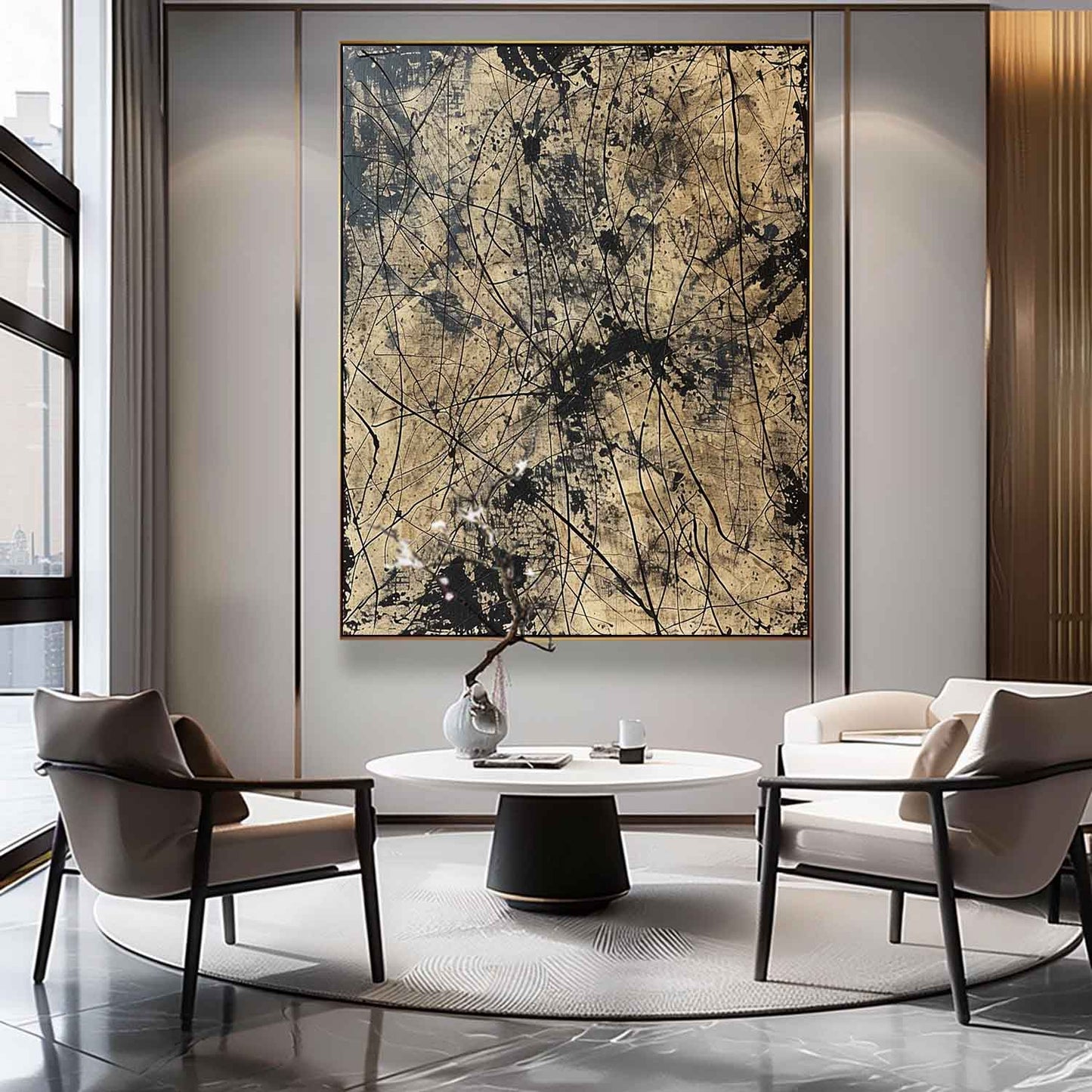 Bold Black and Gold Abstract Oil Painting for Modern Home Decor