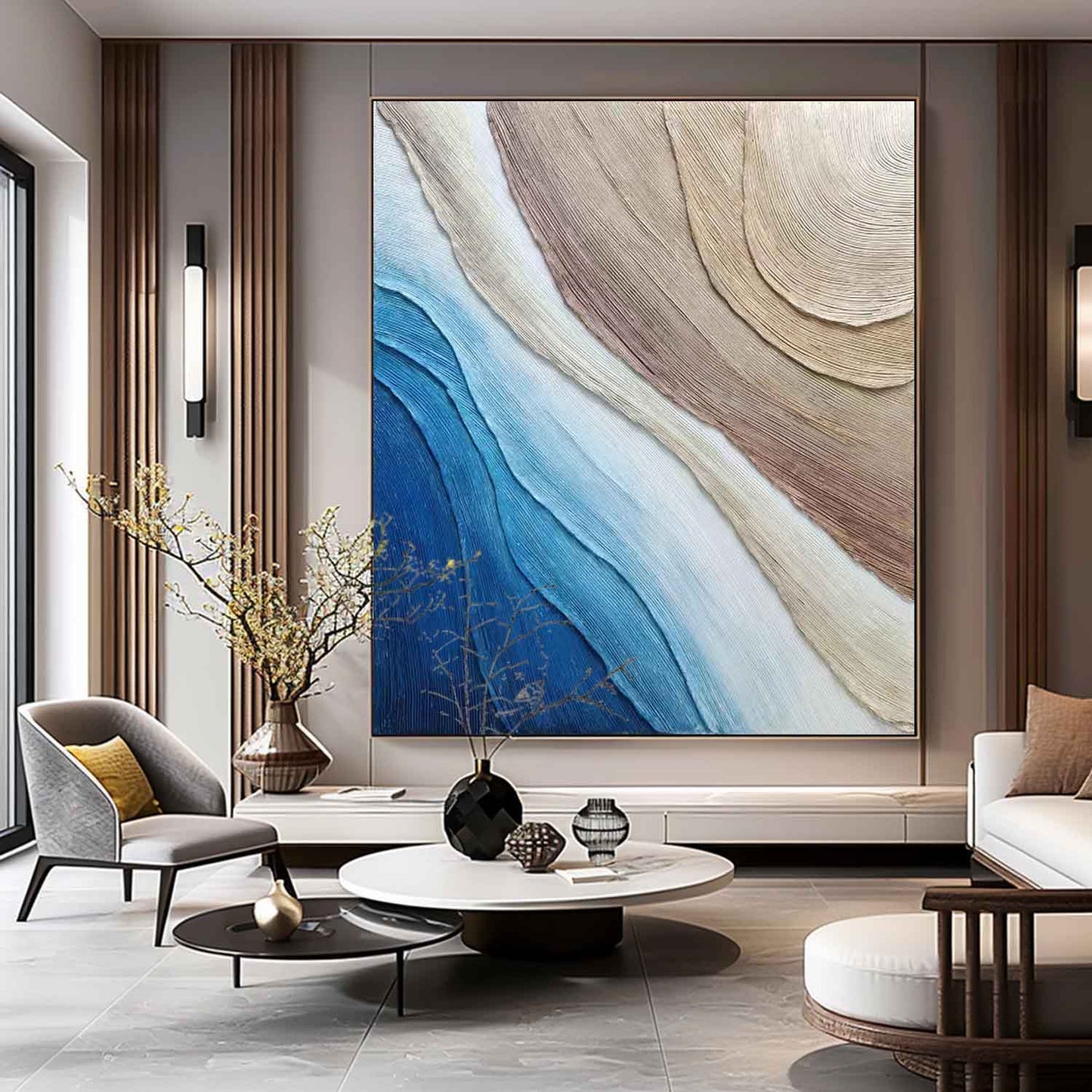 Abstract Ocean Waves Oil Painting with Textured Layers in Blues and Neutrals